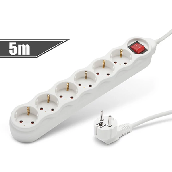 Asztali hosszabbító kapcsolóval 6-os,  16A, 250V, fehér 3x1,5mm