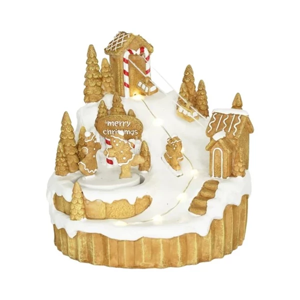 Dioráma mézeskalács sípálya mozgó figurákkal, LED-es 15,5x16x16,7 cm